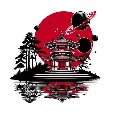 Discover a tranquil illustration featuring an Asian pagoda set against an abstract cosmic landscape with red, black, and intricate details, evoking serenity.のイラスト素材