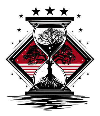 Unique abstract illustration featuring an hourglass with a tree design, symbolizing time and nature. The vibrant background enhances the artistic appeal and depth.のイラスト素材