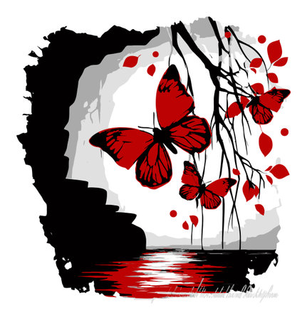 This striking illustration features vivid red butterflies and leaves set against a black and white background, creating a serene and captivating scene. Perfect for nature lovers.のイラスト素材