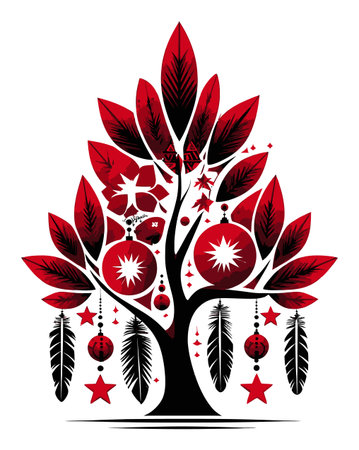 Vibrant abstract illustration of a Christmas tree adorned with red and black ornaments. Perfect for holiday-themed artwork or festive decorations.のイラスト素材