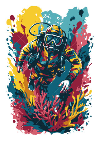 This vivid abstract illustration features a diver immersed in a dynamic underwater scene, showcasing colorful coral and vibrant splashes, perfect for creative projects.のイラスト素材