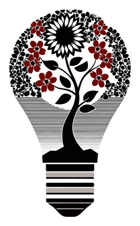 This abstract illustration features a creative light bulb design adorned with intricate floral elements, representing growth and innovation in a unique artistic style. Perfect for creative projects.のイラスト素材