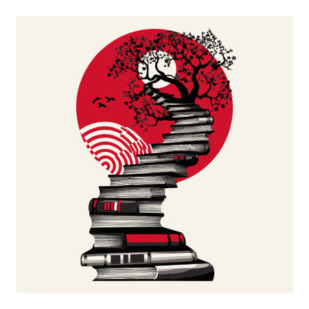 This abstract illustration features a creative pathway of books spiraling up to a tree beneath a vibrant red circle, symbolizing knowledge and growth.のイラスト素材