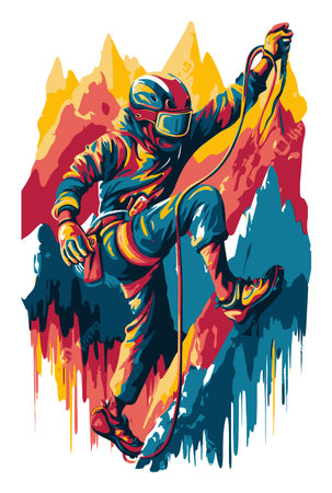 This vibrant illustration showcases a climber ascending a colorful abstract mountain landscape, capturing the spirit of adventure and determination in a stunning artistic style.のイラスト素材