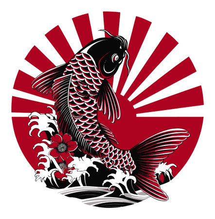 Stunning illustration of a koi fish, accentuated with red and black colors. The design features traditional motifs, sun rays, and gentle waves, embodying tranquility and elegance.のイラスト素材