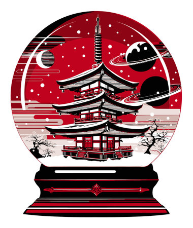 A striking abstract illustration showcasing a Japanese pagoda encapsulated in a snow globe, surrounded by celestial bodies and a winter landscape, evoking tranquility and creativity.のイラスト素材
