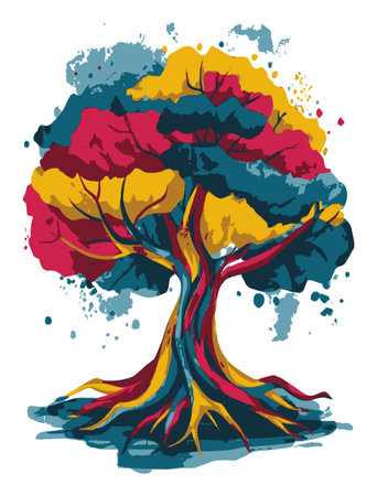 This colorful abstract tree illustration features vibrant hues and artistic swirls, perfect for modern decor. It embodies creativity and nature's beauty.のイラスト素材