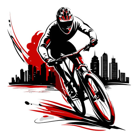 An energetic illustration of a mountain biker in motion, riding through an urban landscape. The bold red and black colors create a striking visual effect, showcasing speed and adventure.のイラスト素材