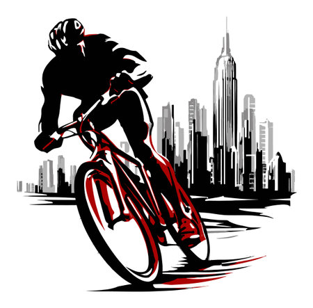 A striking black and red illustration of a cyclist riding through a modern urban skyline. This artwork captures the essence of freedom and athletic energy in city life.のイラスト素材