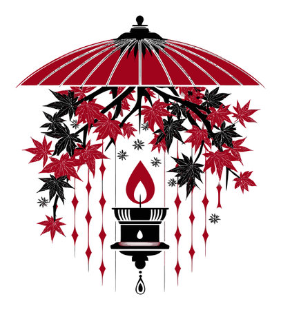 This captivating illustration showcases a red umbrella adorned with delicate maple leaves and a warm candle, creating a serene and elegant atmosphere.のイラスト素材