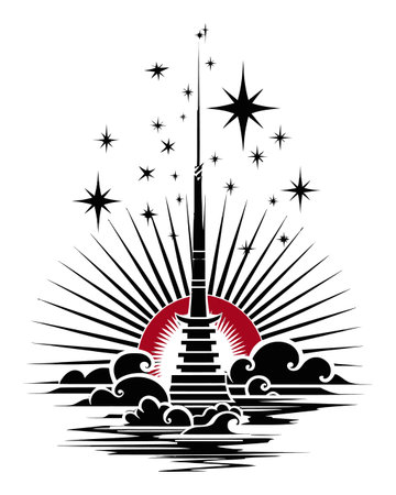 This abstract illustration features a tower emerging from clouds with rays of light and stars, creating a captivating minimalist design perfect for modern art lovers.のイラスト素材