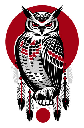 This striking artwork features a majestic owl in bold black and white, accentuated with a vibrant red circle and detailed feathers, perfect for unique decor.のイラスト素材