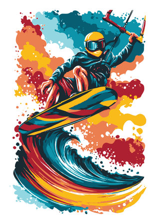 Dynamic abstract illustration showcasing a kitesurfer surfing a colorful wave, capturing the thrill and energy of extreme sports in vibrant colors and bold style.のイラスト素材