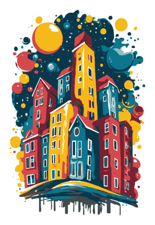This vibrant abstract illustration features modern buildings set against a cosmic background filled with bold colors and shapes, creating a whimsical urban scene.のイラスト素材