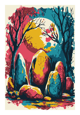 This colorful abstract illustration features a group of stones under a vibrant moonlit sky, surrounded by silhouetted trees. Perfect for nature-inspired art projects.のイラスト素材