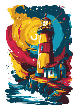 This vibrant abstract illustration features a lighthouse standing tall against a swirling backdrop of colors. Perfect for nautical-themed projects.のイラスト素材