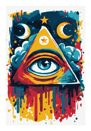 This colorful abstract illustration showcases an eye within a triangle structure, combining vivid colors and symbolic elements to evoke a sense of mystery and creativity. Perfect for artistic backgrounds or spiritual themes.のイラスト素材