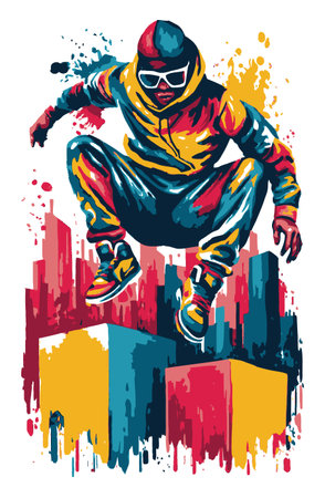 This vibrant urban illustration features a dynamic dancer captured mid-jump, showcasing an energetic style and colorful design. Perfect for art, music, and cultural themes.のイラスト素材