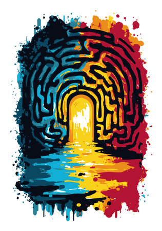 This vibrant abstract illustration depicts a colorful maze leading to a glowing doorway. The dynamic color splash evokes creativity and imagination, inviting exploration.のイラスト素材