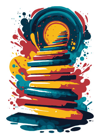 Discover a vibrant abstract illustration showcasing colorful stairs ascending into a circular portal, symbolizing an imaginative journey. Ideal for creative projects.のイラスト素材