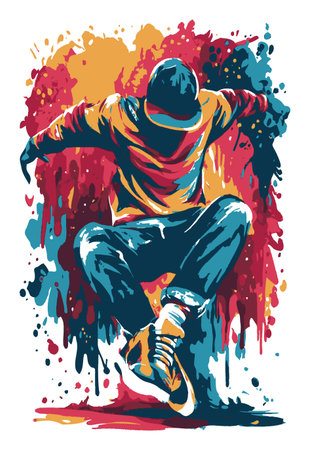 This vibrant abstract illustration captures the dynamic movement of a dancer amidst colorful splashes, embodying energy, rhythm, and artistic expression.のイラスト素材