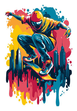 This colorful illustration showcases a skateboarder executing a dynamic trick against a vivid urban backdrop. The abstract design enhances the energy and excitement of the sport.のイラスト素材