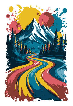This vibrant abstract illustration features a winding road through a colorful mountain landscape. Perfect for art lovers or travel enthusiasts seeking inspiration.のイラスト素材