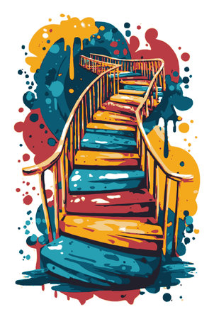 This colorful abstract illustration features a vibrant staircase surrounded by dynamic paint splashes. Ideal for art projects and creative themes.のイラスト素材