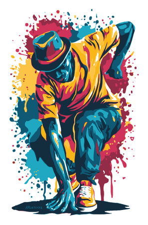 Vivid abstract illustration portraying a dancer in an energetic pose amidst colorful splashes. Ideal for creative projects about urban culture and movement.のイラスト素材