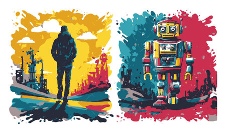 This vivid abstract illustration contrasts a human figure walking away from a colorful robot, exploring themes of technology and humanity in a dynamic urban setting.のイラスト素材