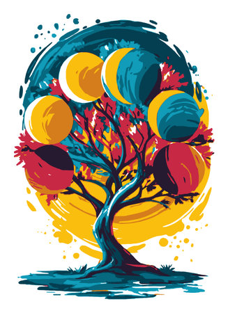 Vibrant abstract illustration features a tree with circular celestial elements in bright colors, blending nature with imaginative concepts for artistic purposes.のイラスト素材