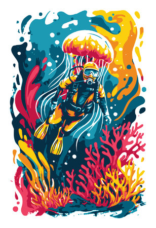 Discover a vibrant abstract illustration showcasing a diver interacting with a jellyfish, set against a colorful underwater backdrop rich with corals.のイラスト素材