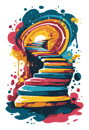 Explore a vibrant and abstract illustration featuring colorful steps that create a sense of depth and whimsy. This artwork showcases dynamic shapes and fluid lines, perfect for creative projects.のイラスト素材