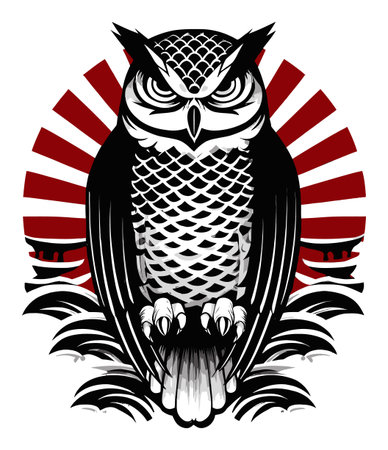Stunning abstract illustration of an owl featuring bold black and white patterns with a striking red radial background, perfect for decorative purposes.のイラスト素材