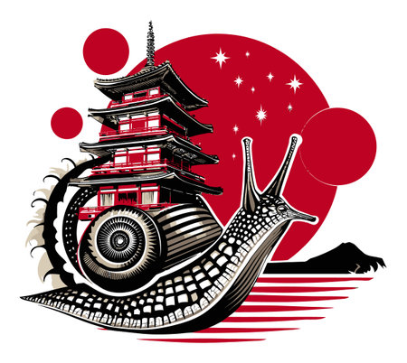 This vibrant abstract illustration features a snail beside a pagoda, blending nature and culture. Bold red circles enhance the dynamic design, creating visual harmony.のイラスト素材