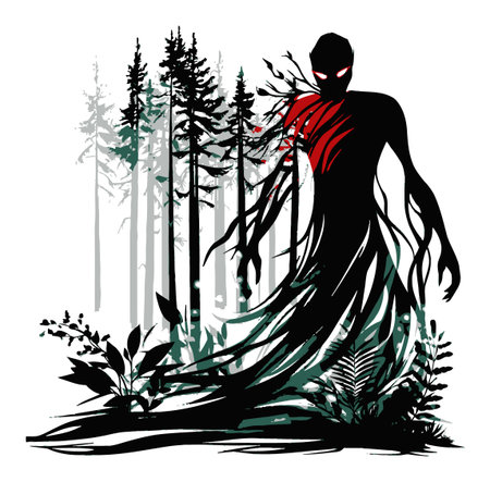 A captivating illustration of a shadowy figure surrounded by tall trees in an enchanted forest. The dark silhouette features striking red accents, creating an eerie yet artistic scene.のイラスト素材