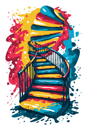 A captivating abstract illustration featuring a dynamic staircase with vibrant colors and splashes. Perfect for conveying creativity, energy, and modern design themes.のイラスト素材