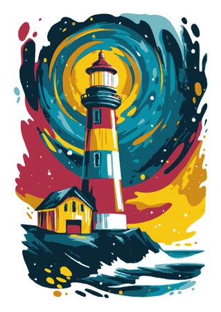 This vibrant abstract illustration features a lighthouse set against a swirling, colorful backdrop, capturing the essence of coastal beauty and artistic expression.のイラスト素材