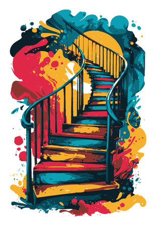 This vibrant abstract illustration features a spiral staircase engulfed in colorful paint splashes. Ideal for artistic projects, it embodies creativity and modern design.のイラスト素材