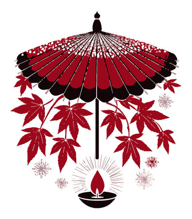 A stunning abstract illustration featuring a red umbrella adorned with leaves and a candle, capturing seasonal elegance and warmth in a minimalistic design.のイラスト素材