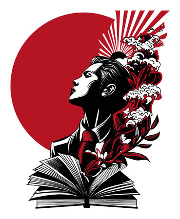 This striking illustration features a stylized portrait of a man, adorned with flowers and an open book, set against a bold red circle, blending literature with artistry.のイラスト素材