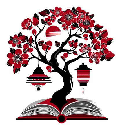 This captivating illustration features a red blossom tree emerging from an open book, symbolizing knowledge and nature. Traditional lanterns and pagodas enhance the cultural aesthetic.のイラスト素材