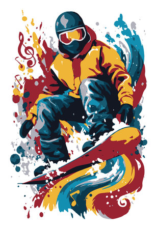This vibrant illustration captures an energetic snowboarder in action, showcasing dynamic movement in a colorful abstract style. Perfect for winter sports themes.のイラスト素材