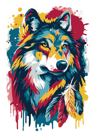 This vibrant and colorful abstract illustration of a wolf features bold shapes and a feather. Perfect for art enthusiasts, wildlife advocates, or modern home decor.のイラスト素材