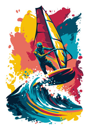 Eye-catching abstract illustration depicting a windsurfer navigating colorful waves, symbolizing action and adventure in water sports. Perfect for sport enthusiasts.のイラスト素材