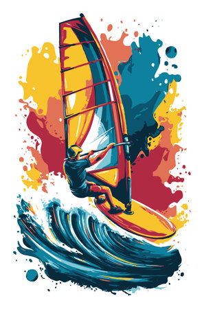 This vibrant abstract illustration captures the excitement of windsurfing, showcasing a surfer riding colorful waves against a dynamic backdrop. Perfect for sports and leisure themes.のイラスト素材