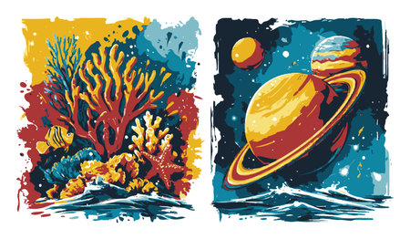 This vivid abstract illustration combines a colorful coral reef scene with a striking planetary landscape, showcasing the beauty of both ocean life and outer space.のイラスト素材