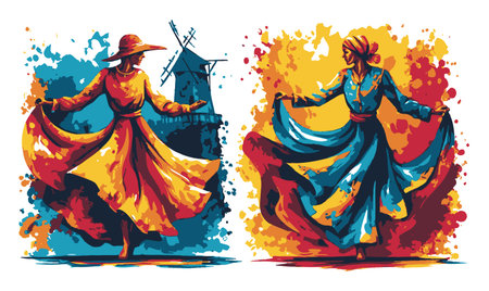 This vibrant illustration showcases two dancers in swirling skirts, embodying movement and culture against contrasting colorful backgrounds. Perfect for art, dance, or cultural themes.のイラスト素材