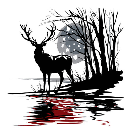 This captivating silhouette art depicts a majestic deer standing by moonlight, surrounded by trees. Perfect for nature lovers and art enthusiasts.のイラスト素材