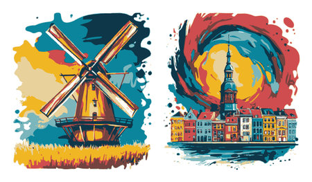Vibrant abstract illustration features a windmill and charming cityscape, blending colors with swirling patterns to create a captivating artistic scene.のイラスト素材